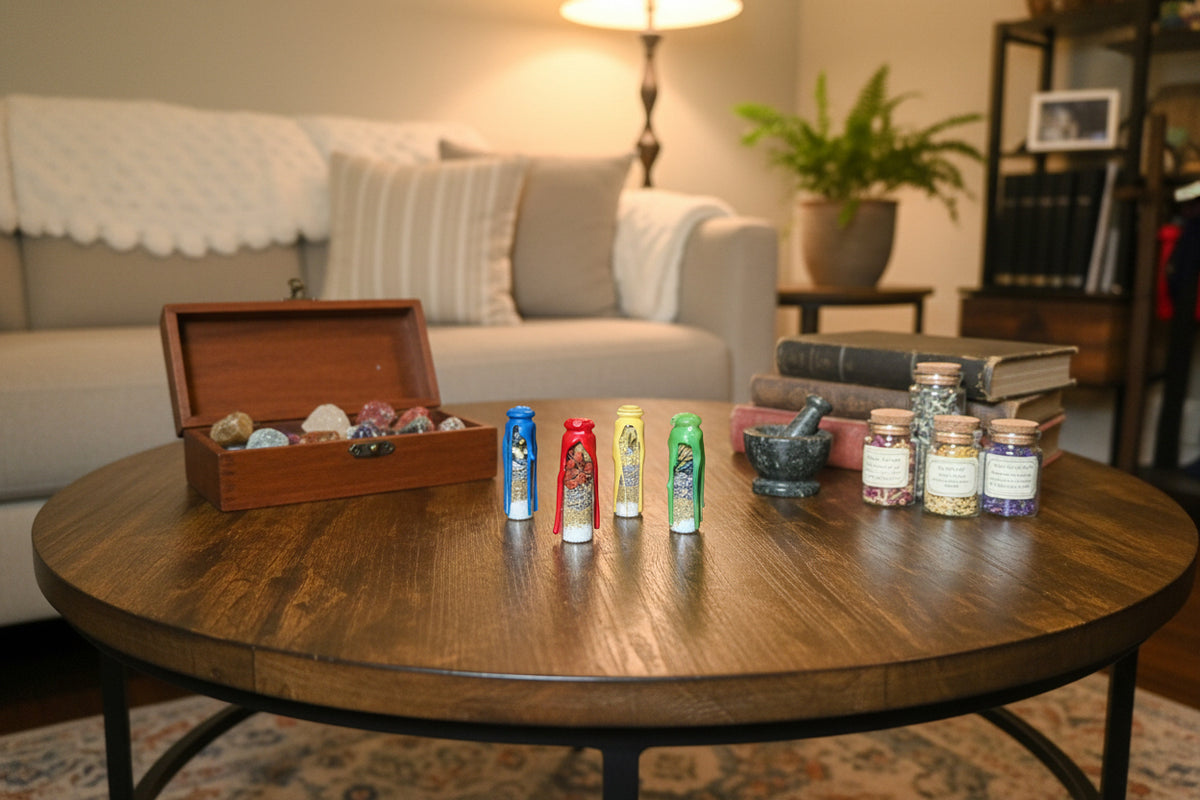 Four small decorative bottles or vials standing on a wooden table, each with a different dripping color scheme: blue, red, yellow, and green. The bottles contain layered dried botanicals 