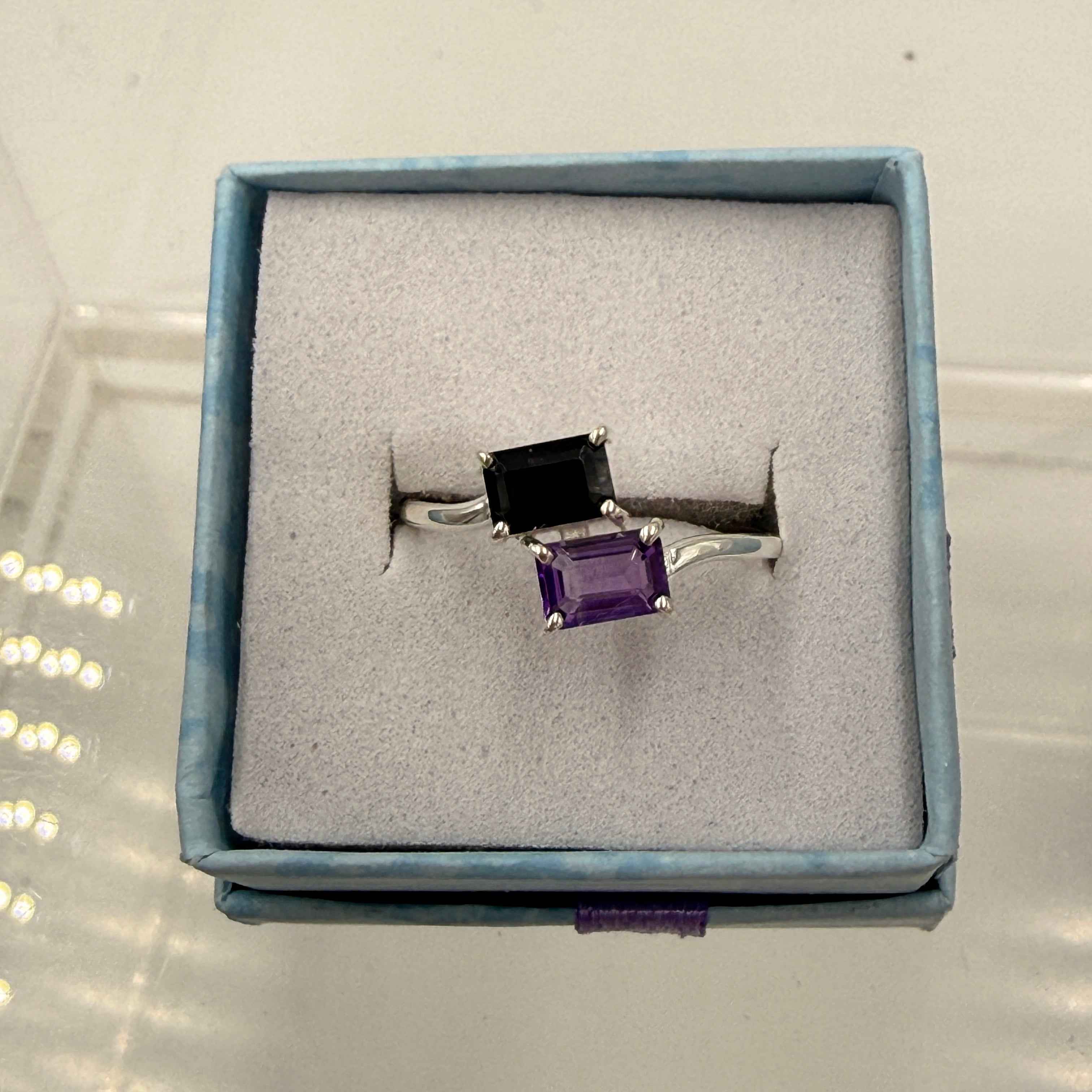 Sterling Silver Black Onyx & Amethyst Ring - Size 8 - Protective, Spiritual & Grounding