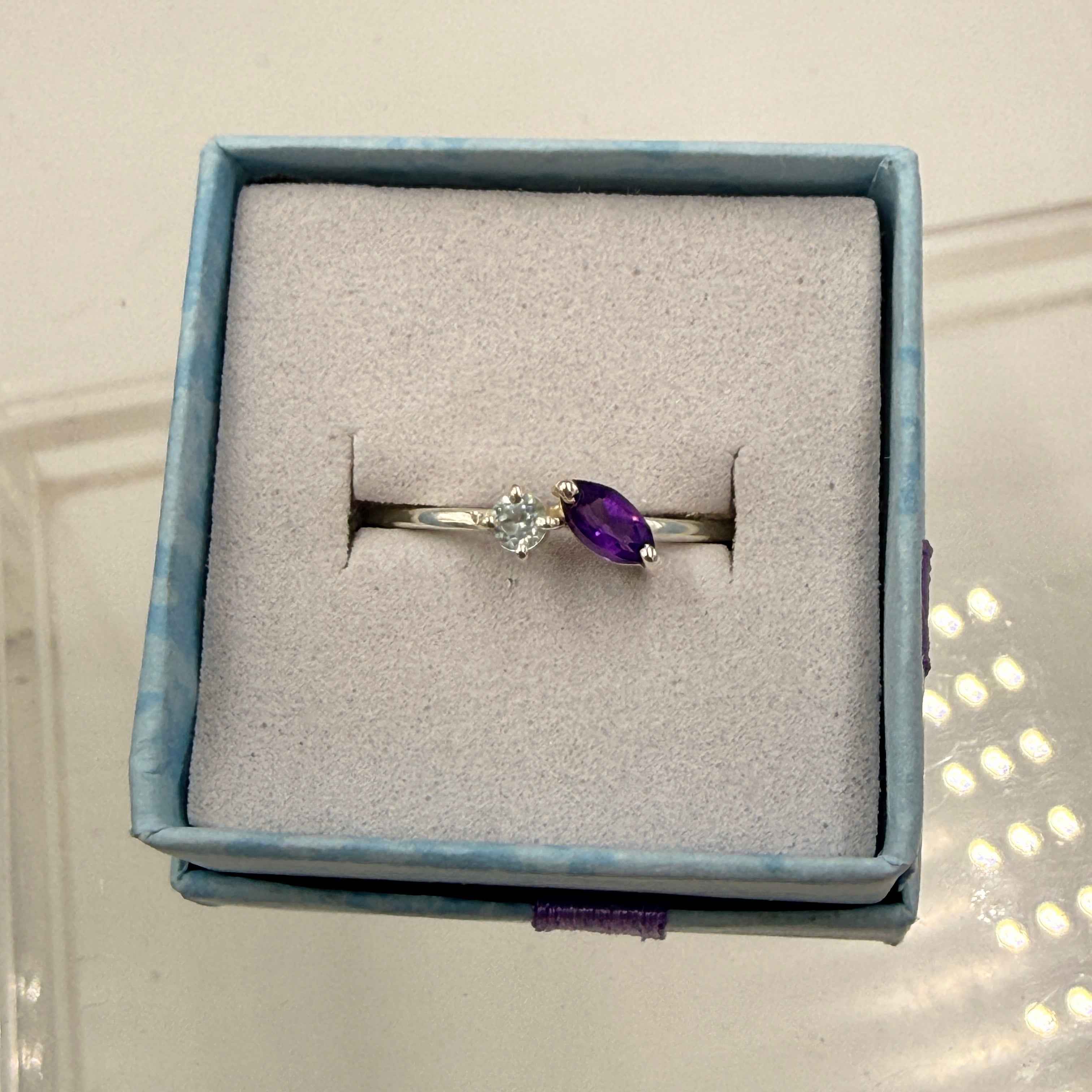 Sterling Silver Aquamarine & Amethyst Ring - Size 9 - Calming, Spiritual & Healing