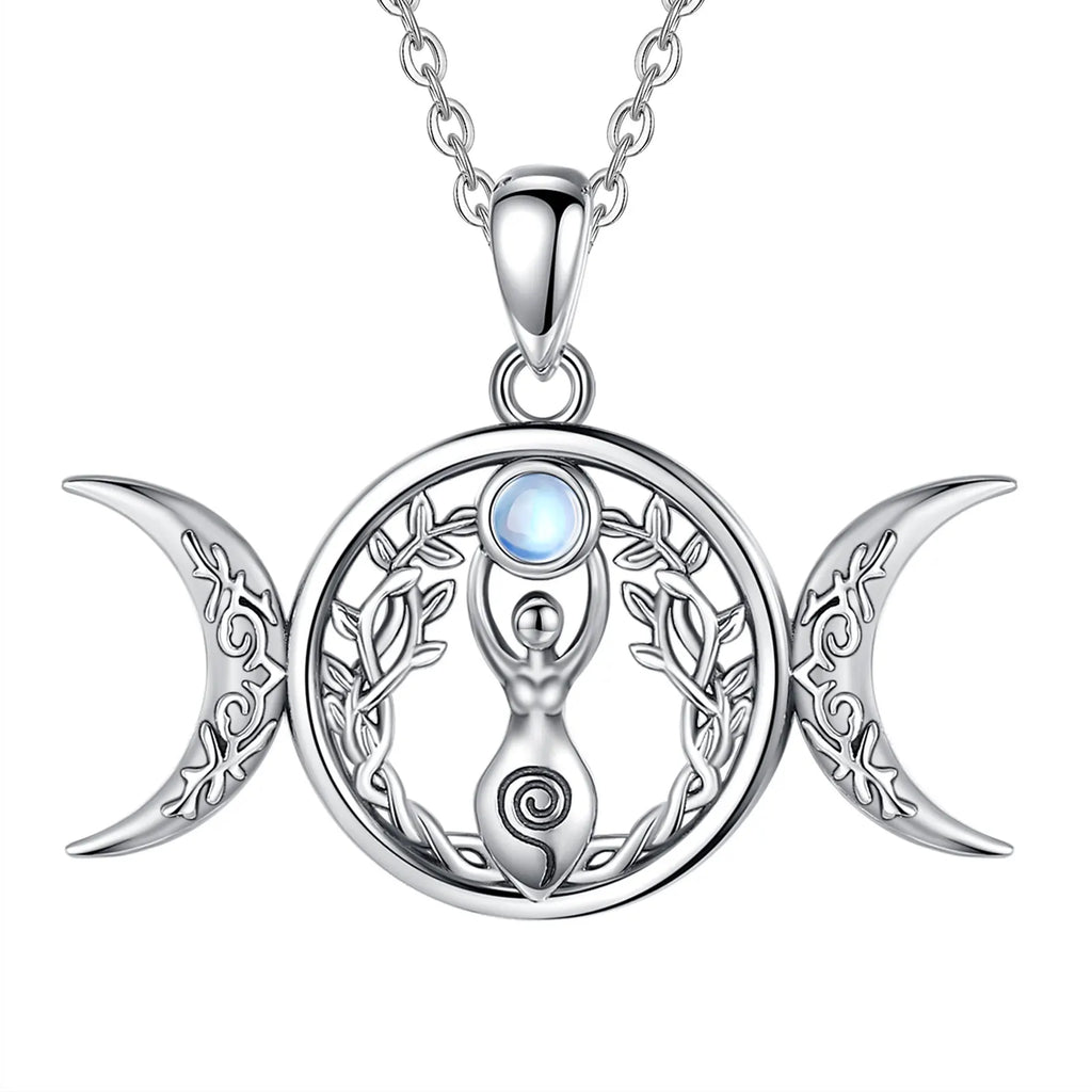 Moonstone Triple Moon Goddess Sterling Silver Necklace