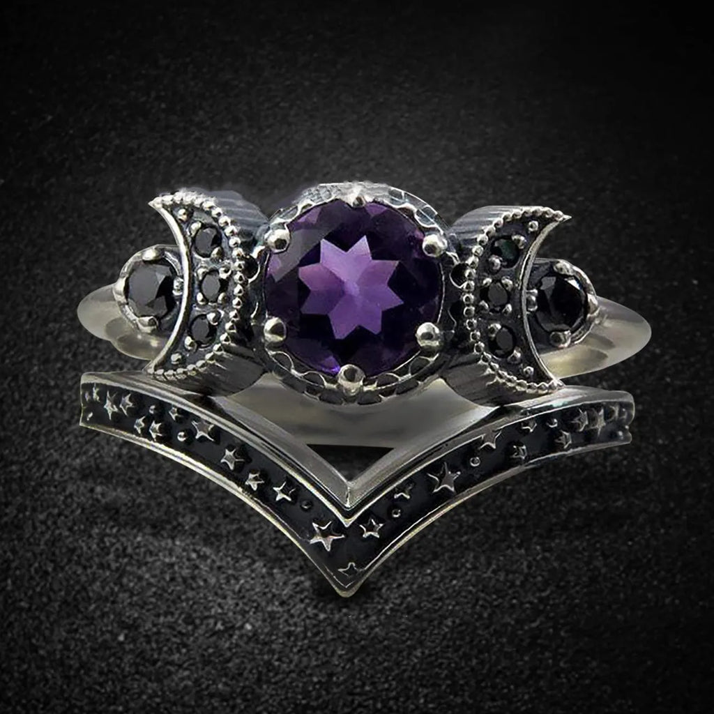 Black Zirconia Stone Triple Moon Ring Set