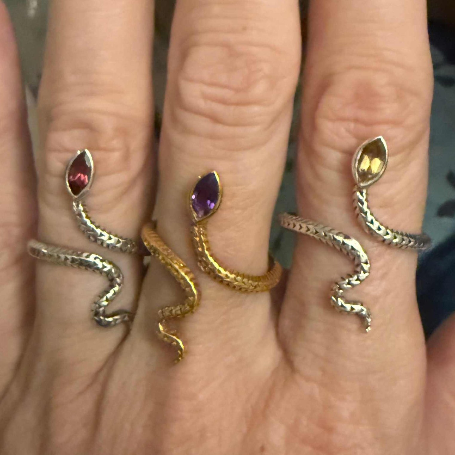 Gemstone Snake Ring  - Sterling Silver or Gold Vermeil