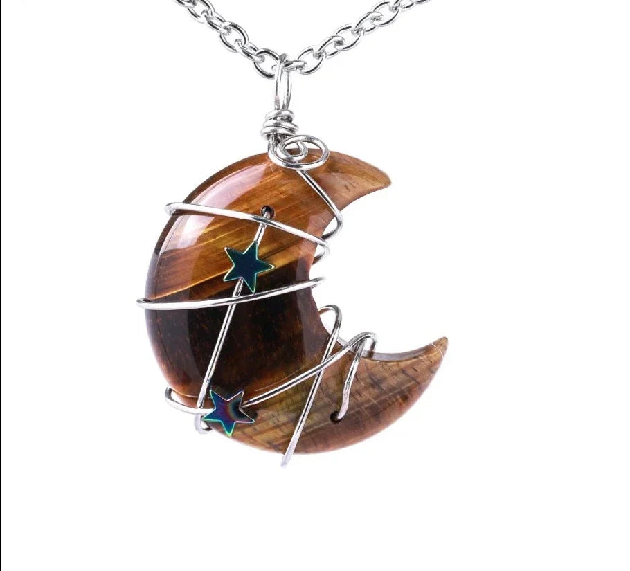 Crystal Crescent Moon and Star Silver Necklace