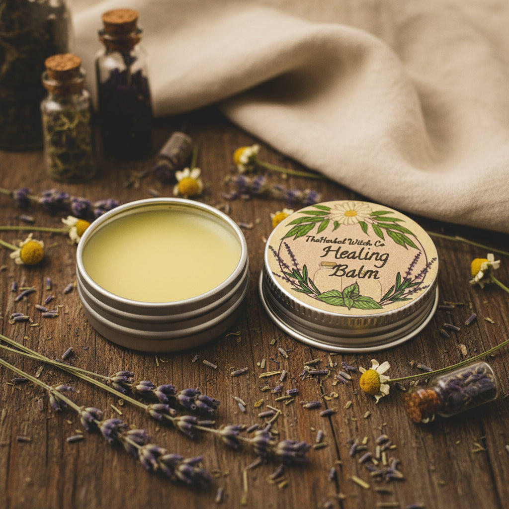 An open round silver tin of Healing Balm 