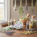 A tin of 'Confidence Balm' by The Herbal Witch Co. is shown in front of a glass bottle with fairy lights, with an open balm tin and green stones on the left.