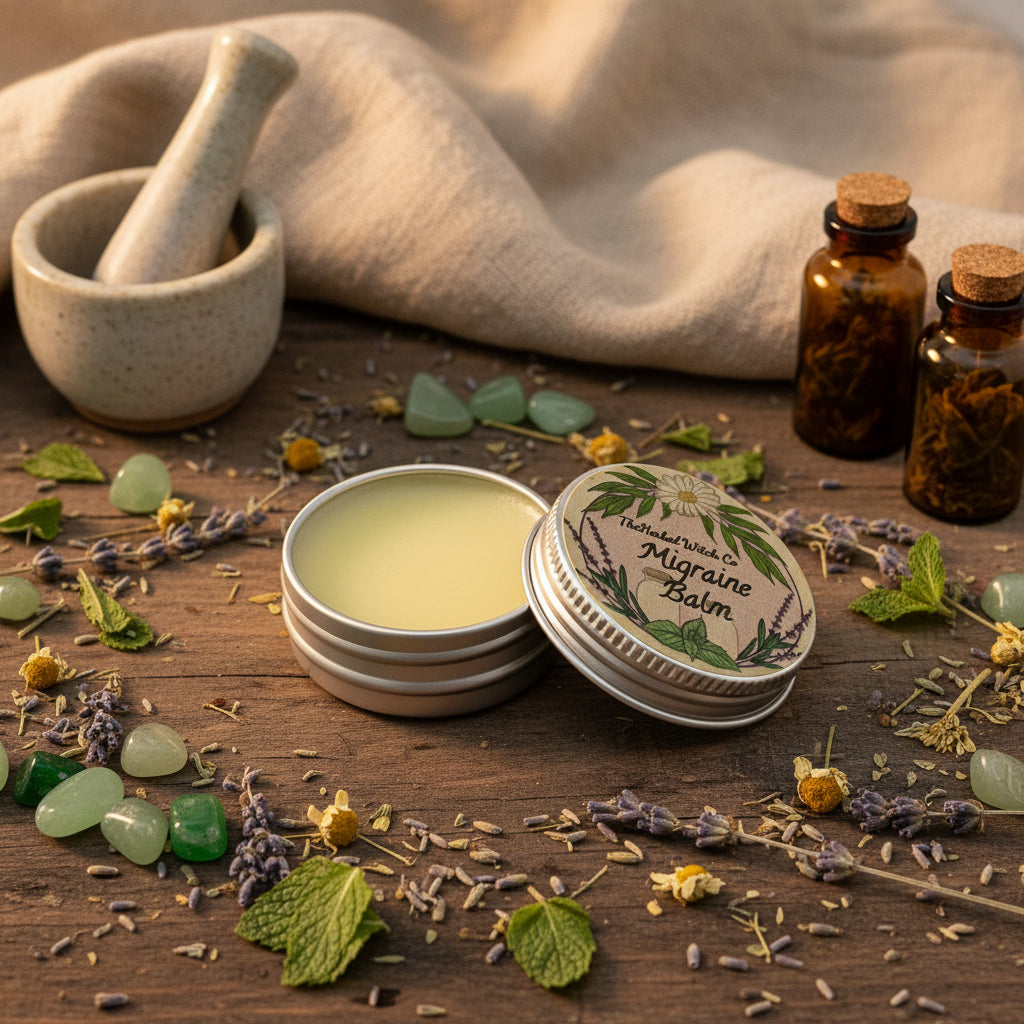 An open round silver tin of Migraine Balm showing pale yellow balm inside, next to the closed lid with a botanical label, styled with green and white stones on a white background.