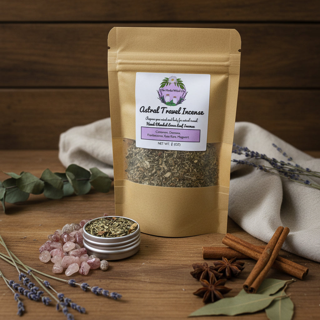 A stand-up kraft paper pouch labeled 'Astral Travel Incense' with a clear window showing dried herbs inside, A small open silver tin filled with the incense is placed in front, along with scattered pink crystal stones.