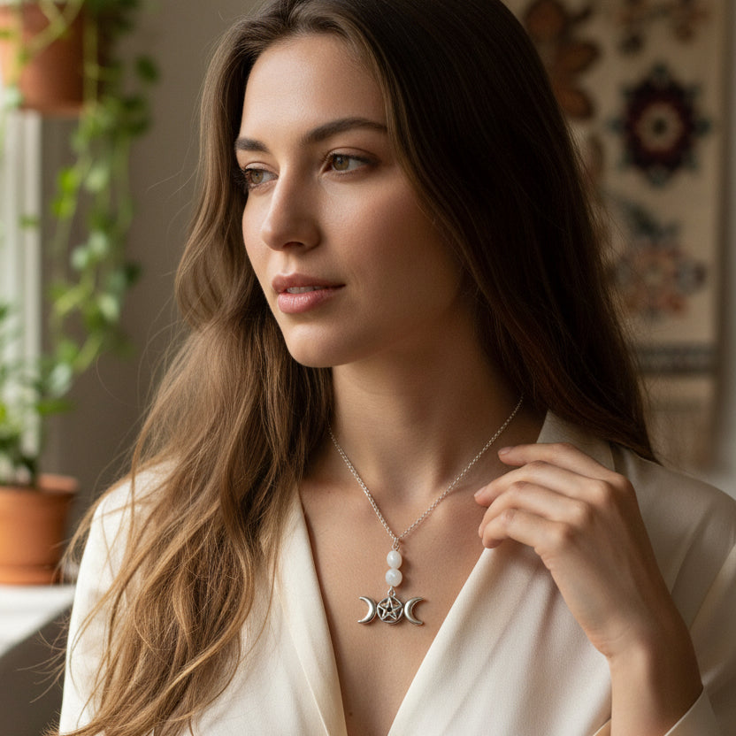 A silver-toned necklace featuring a triple moon symbol with a central pentagram, accented by two smooth white beads