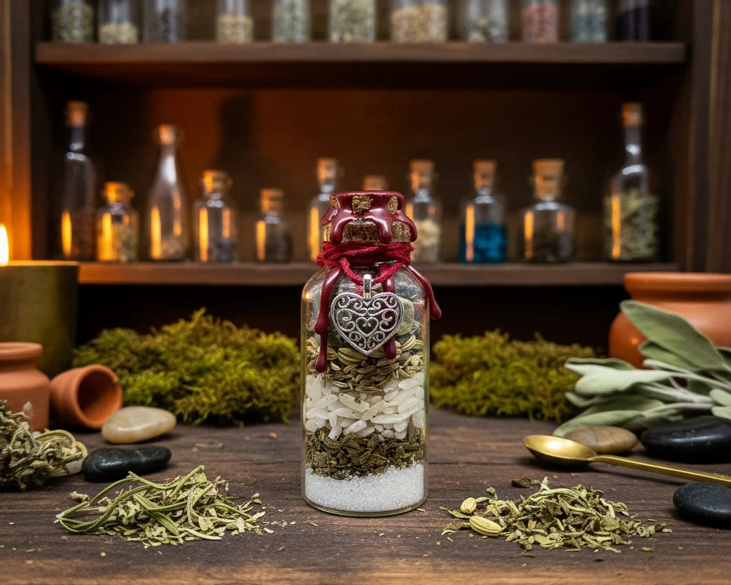 A small clear glass bottle filled with layered ingredients, topped with dark red wax and a red cord, with a silver heart-shaped ornament hanging from the neck. 