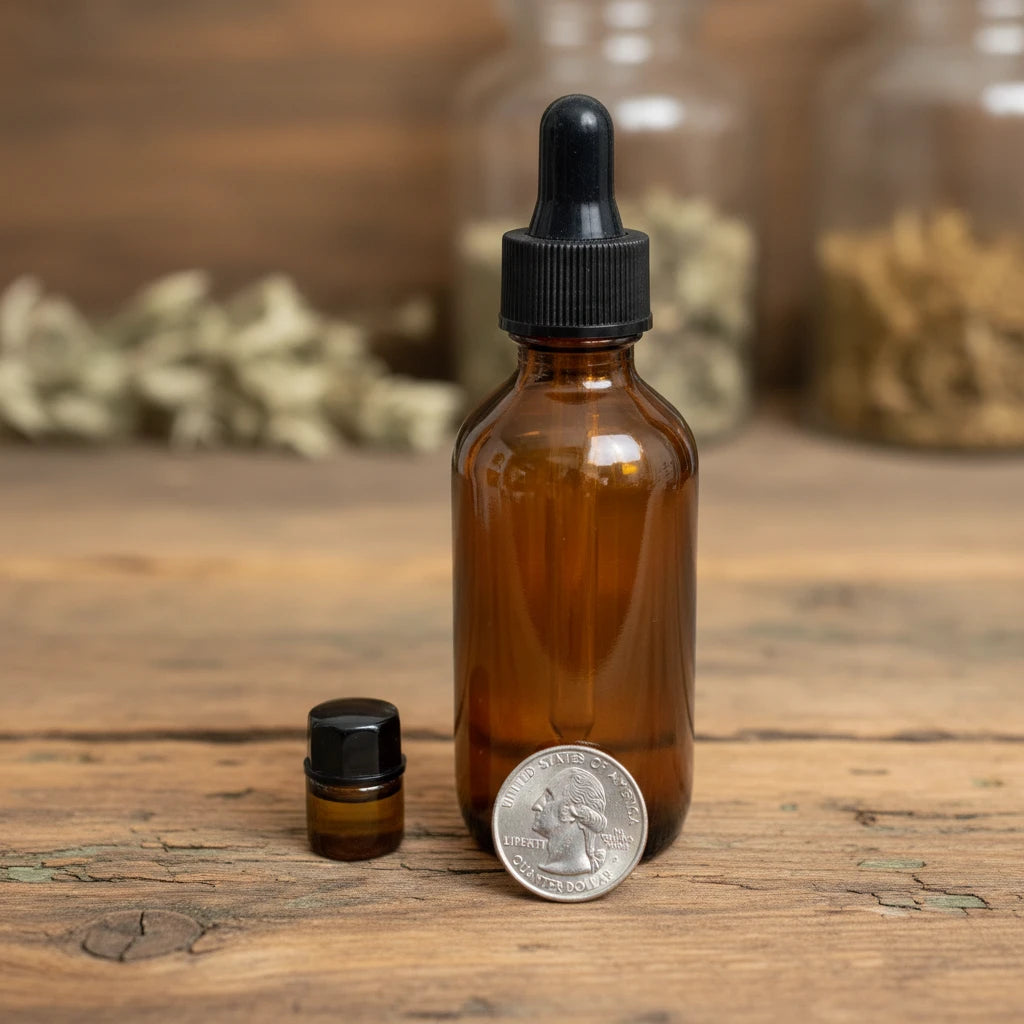 An empty amber glass dropper bottle with a black rubber bulb and black ribbed cap, shown next to a miniature vial and a US quarter coin for scale
