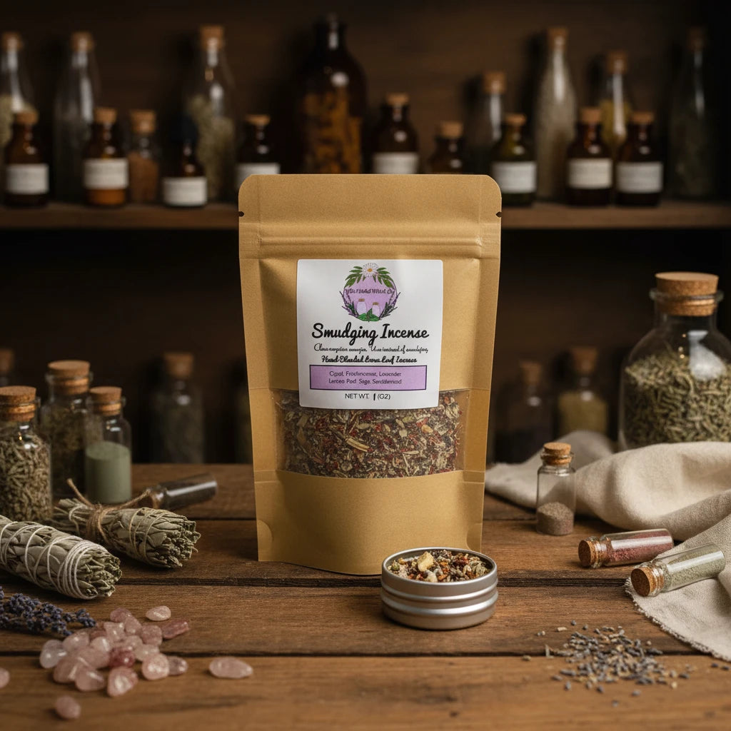A kraft paper stand-up pouch labeled 'Smudging Incense' with a clear window showing loose incense pieces, alongside a small open metal tin of the incense blend and pink stones 