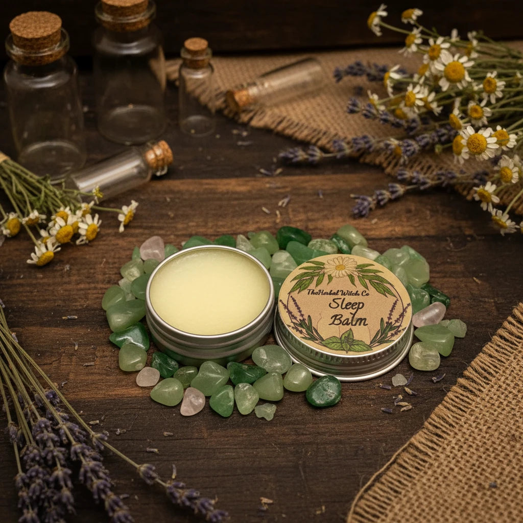 An open silver tin of sleep balm with pale yellow balm inside, next to the round lid 
