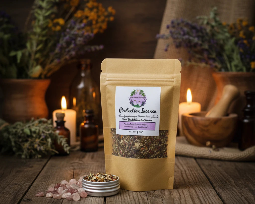 A kraft paper stand-up pouch labeled 'Protection Incense' , shown next to a small round tin of the incense blend and scattered pink crystal stones