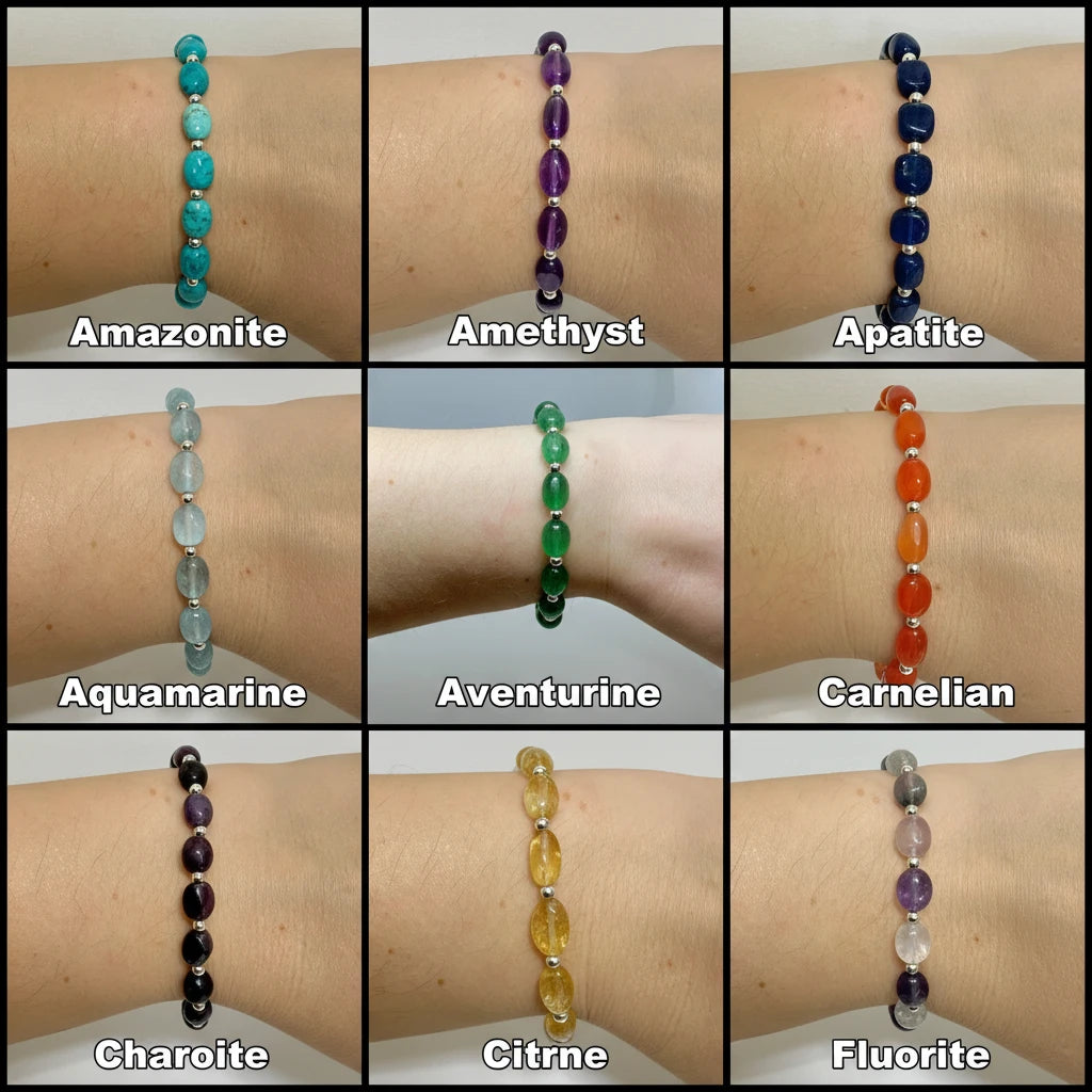 A 3x3 grid showing nine different gemstone beaded bracelets worn on wrists, labeled with their respective stone names: Amazonite, Amethyst, Apatite, Aquamarine, Aventurine, Carnelian, Charoite, Citrine, and Fluorite.