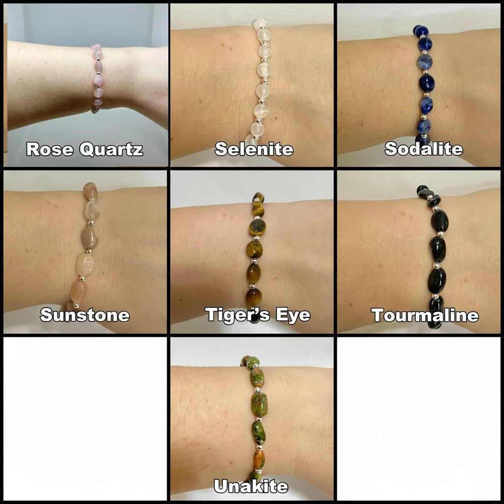 A 3x3 collage showing nine beaded bracelets worn on wrists, each labeled with its stone name: Rose Quartz, Selenite, Sodalite, Sunstone, Tiger's Eye, Tourmaline, Unakite, and two others partially visible. 
