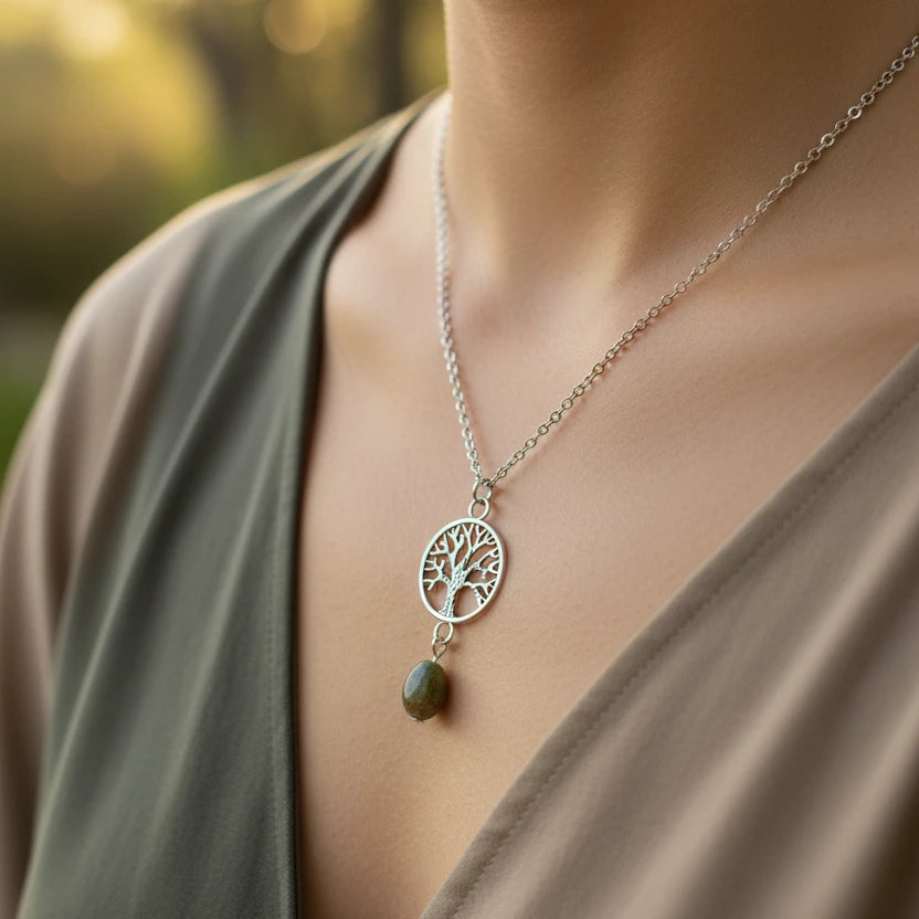 A silver tree of life pendant necklace with a dangling green stone