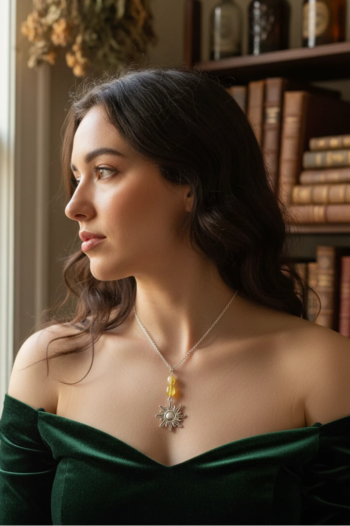 A silver-toned necklace featuring a sun pendant and two yellow faceted beads