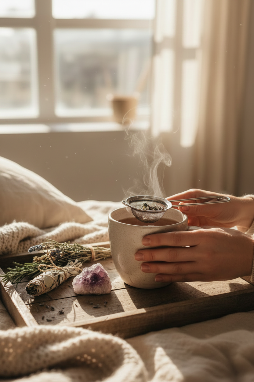 Ritual self-care moment with steaming herbal tea mug, dried herbs, and amethyst crystal on a linen tray