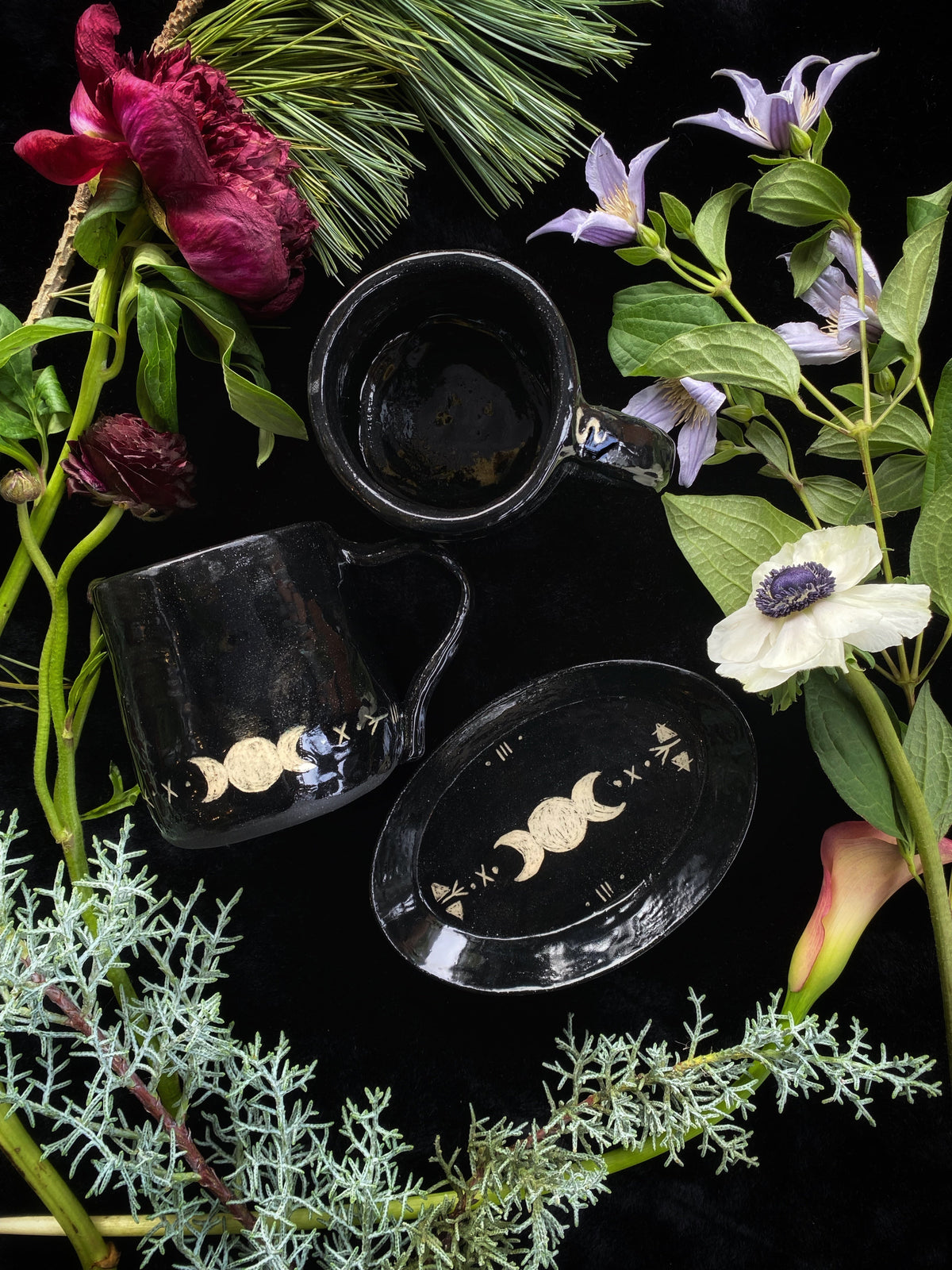 Black, Triple Moon & Runic Dishes - Offering or Dinnerware