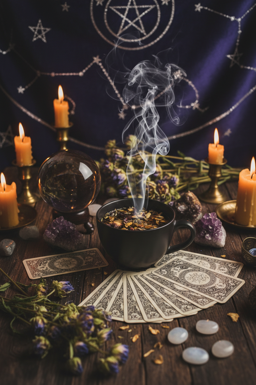 Mystical divination altar with steaming herbal psychic tea, tarot cards, crystal ball, and candlelight in moody indigo tones