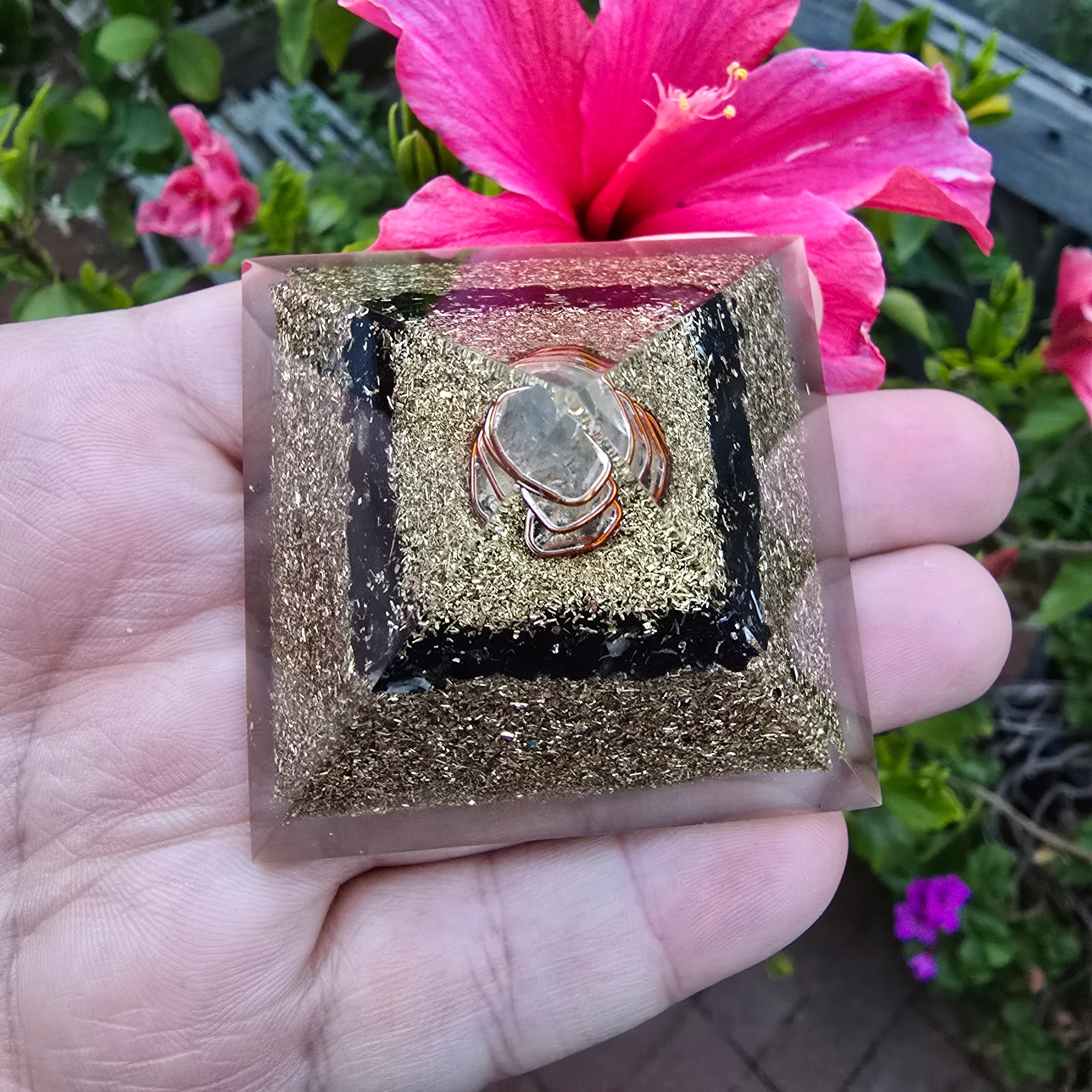 Mini Orgone Brass and Copper Black tourmaline Protection Pyramid